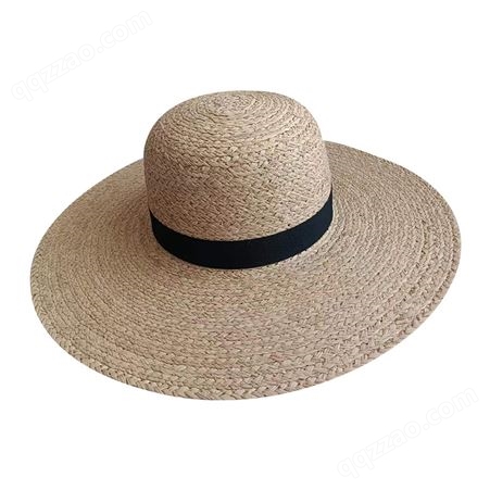 现货批发天然拉菲草帽防晒大檐帽沙滩帽DIY大沿毛边彩色圆顶帽子