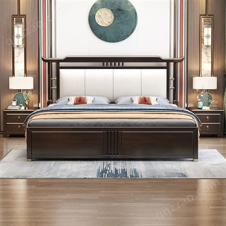 新中式双人实木床现代简约1.8米主卧室大婚床中国风高箱储物家具