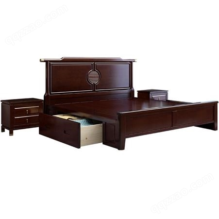 皇帅新中式实木床1.8米 主卧室双人床 中式气压床软靠高箱床