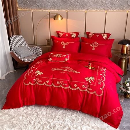 中式绣花婚庆四件套 结婚喜庆红色被套全棉床单
